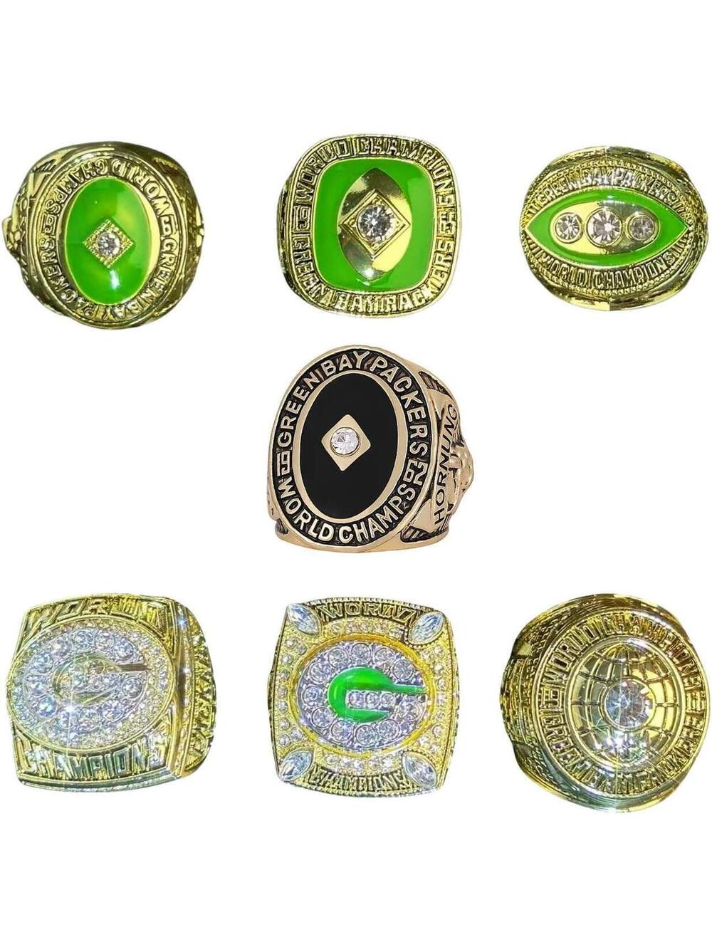 Green Bay Packers Championship Ring Set with Display Box - 7 Rings, New Without